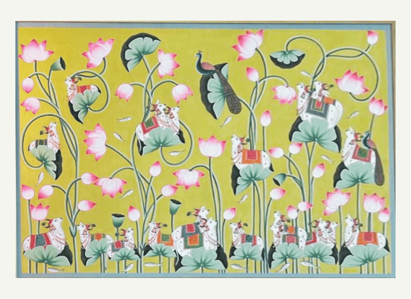 Lotus Pichwai Painting with Cows & Peacock